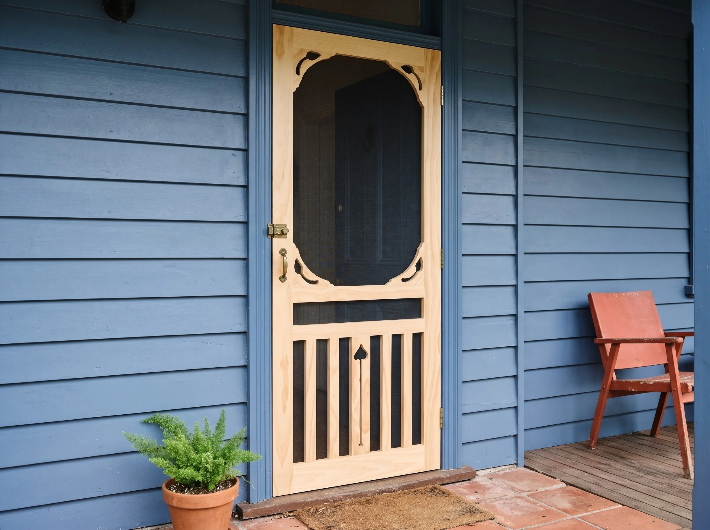 AI-styled concept of Karem’s SD5 screen door in a blue weatherboard entrance