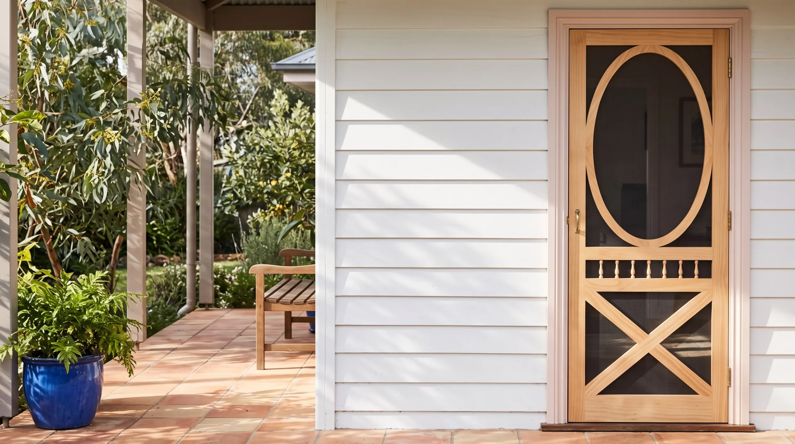 AI-styled concept of a Karem SD10 timber screen door on a sunlit Australian verandah